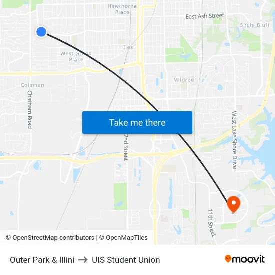 Outer Park & Illini to UIS Student Union map