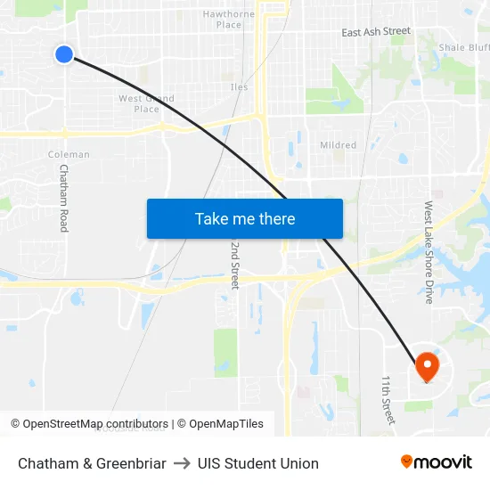 Chatham & Greenbriar to UIS Student Union map