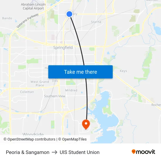 Peoria & Sangamon to UIS Student Union map