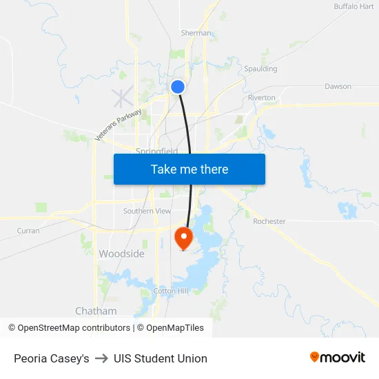 Peoria Casey's to UIS Student Union map