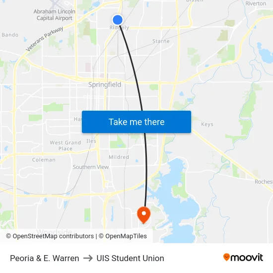 Peoria & E. Warren to UIS Student Union map