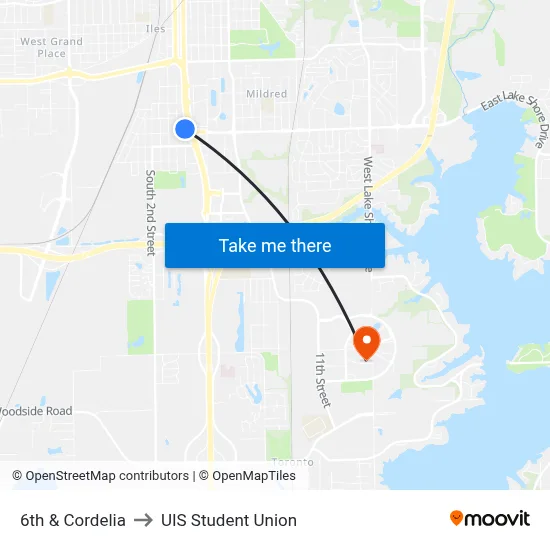 6th & Cordelia to UIS Student Union map