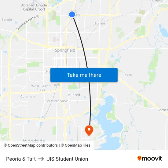 Peoria & Taft to UIS Student Union map