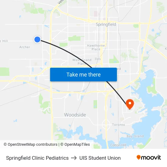 Springfield Clinic Pediatrics to UIS Student Union map