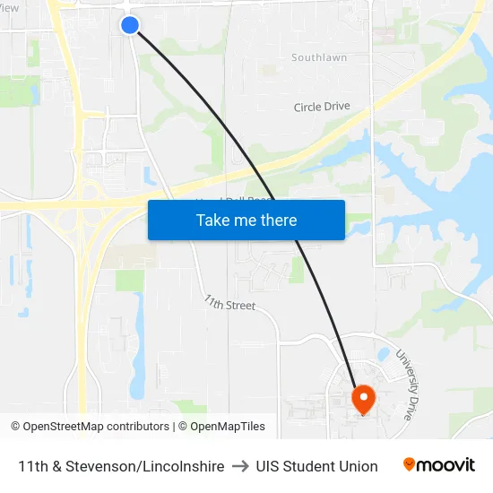 11th & Stevenson/Lincolnshire to UIS Student Union map