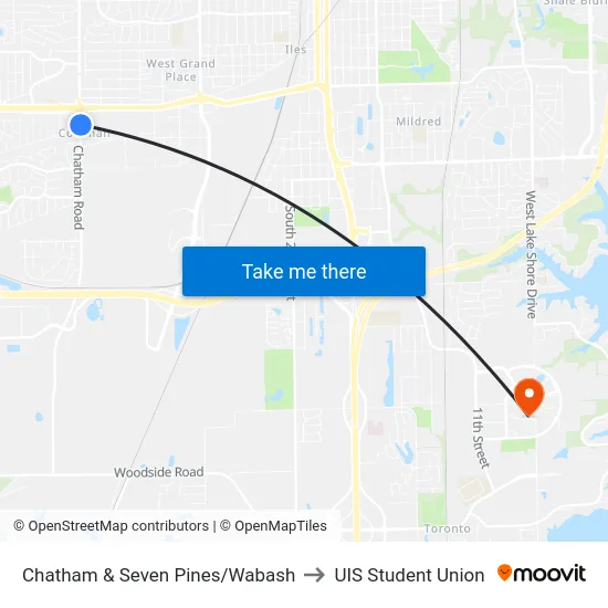 Chatham & Seven Pines/Wabash to UIS Student Union map