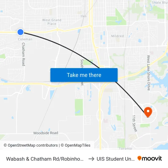 Wabash & Chatham Rd/Robinhood Ln to UIS Student Union map