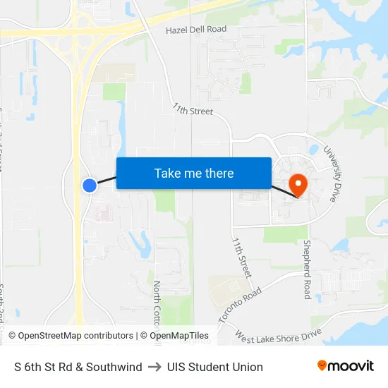 S 6th St Rd & Southwind to UIS Student Union map
