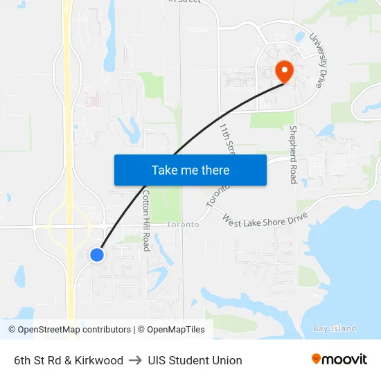 6th St Rd & Kirkwood to UIS Student Union map