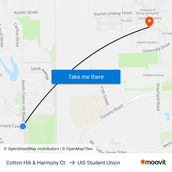 Cotton Hill & Harmony Ct. to UIS Student Union map