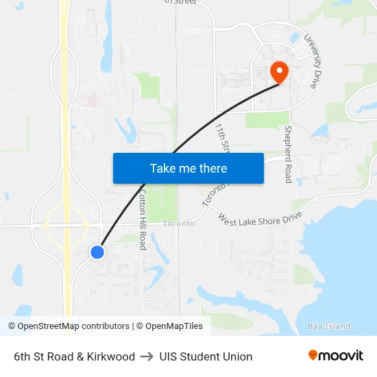 6th St Road & Kirkwood to UIS Student Union map