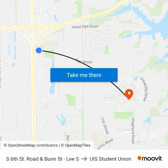 S 6th St. Road & Bunn St - Lee S to UIS Student Union map