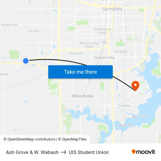 Ash Grove & W. Wabash to UIS Student Union map