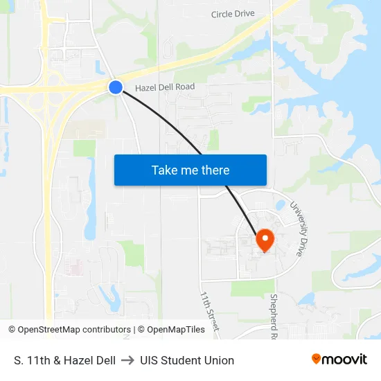 S. 11th & Hazel Dell to UIS Student Union map