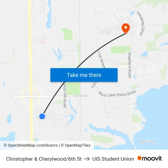Christopher & Cherylwood/6th St to UIS Student Union map