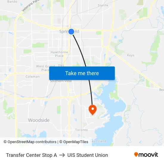 Transfer Center Stop A to UIS Student Union map