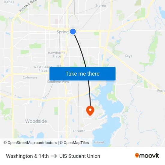 Washington & 14th to UIS Student Union map