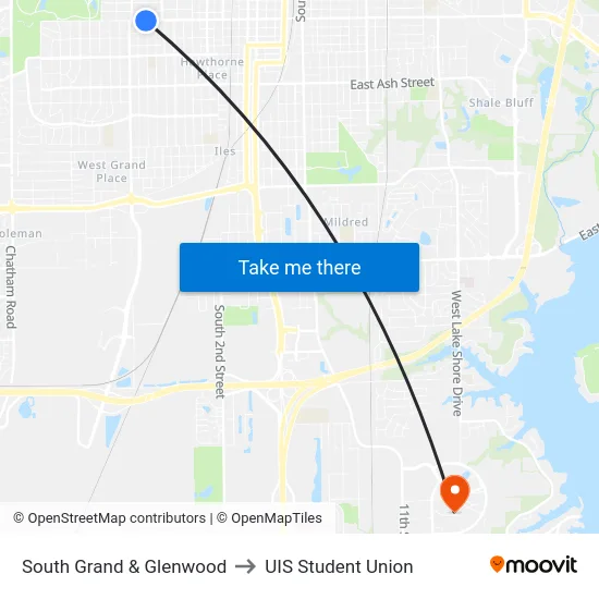 South Grand & Glenwood to UIS Student Union map