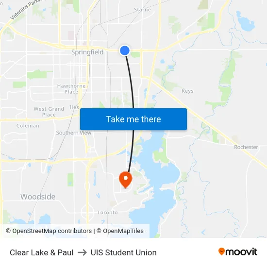 Clear Lake & Paul to UIS Student Union map