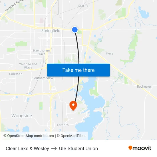 Clear Lake & Wesley to UIS Student Union map