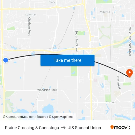 Prairie Crossing & Conestoga to UIS Student Union map