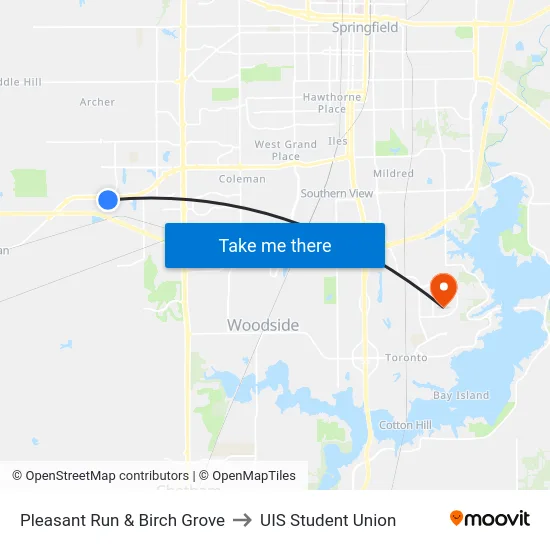 Pleasant Run & Birch Grove to UIS Student Union map
