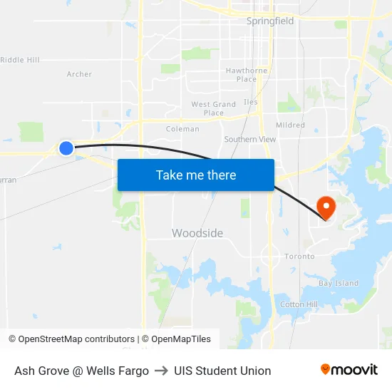 Ash Grove @ Wells Fargo to UIS Student Union map