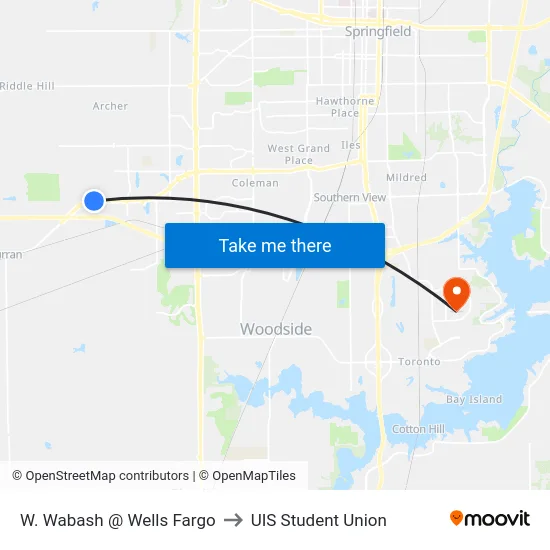 W. Wabash & Hamlin to UIS Student Union map