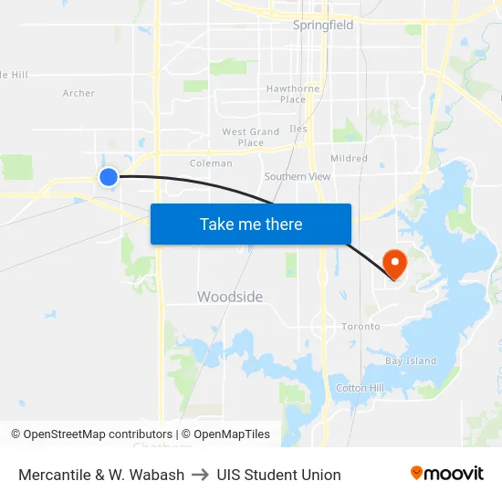 Mercantile & W. Wabash to UIS Student Union map