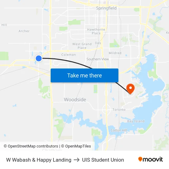 W Wabash & Happy Landing to UIS Student Union map