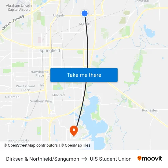 Dirksen & Northfield/Sangamon to UIS Student Union map