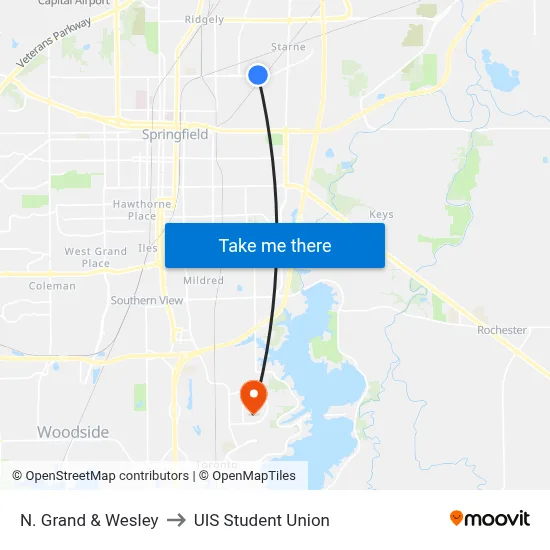 N. Grand & Wesley to UIS Student Union map