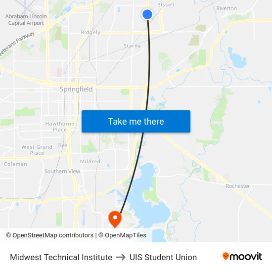 Midwest Technical Institute to UIS Student Union map
