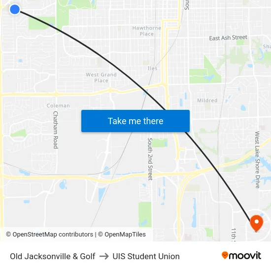 Old Jacksonville & Golf to UIS Student Union map