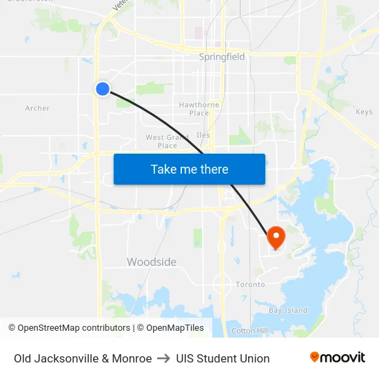 Old Jacksonville & Monroe to UIS Student Union map