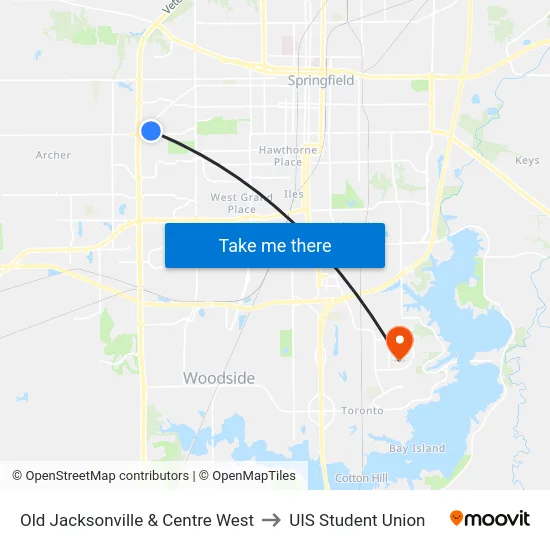 Old Jacksonville & Centre West to UIS Student Union map
