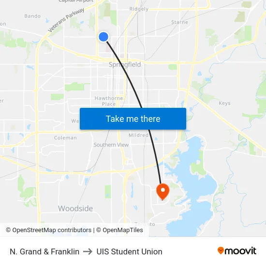 N. Grand & Franklin to UIS Student Union map