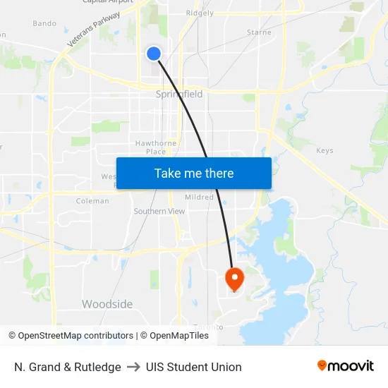 N. Grand & Rutledge to UIS Student Union map