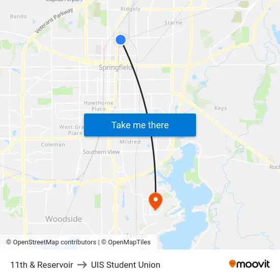 11th & Reservoir to UIS Student Union map