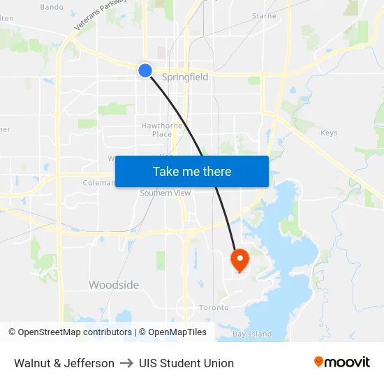 Walnut & Jefferson to UIS Student Union map