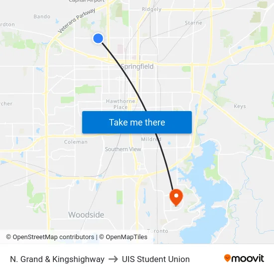 N. Grand & Kingshighway to UIS Student Union map