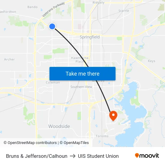 Bruns & Jefferson/Calhoun to UIS Student Union map