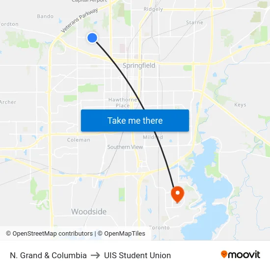 N. Grand & Columbia to UIS Student Union map