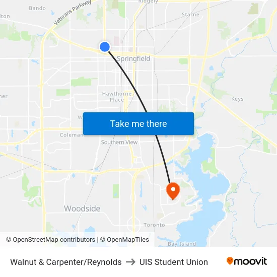 Walnut & Carpenter/Reynolds to UIS Student Union map