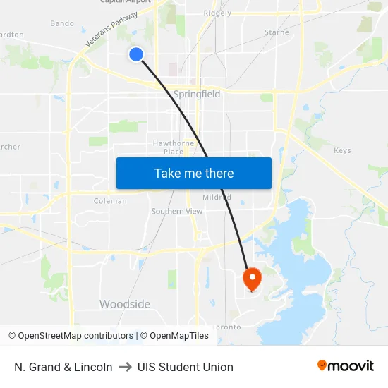 N. Grand & Lincoln to UIS Student Union map