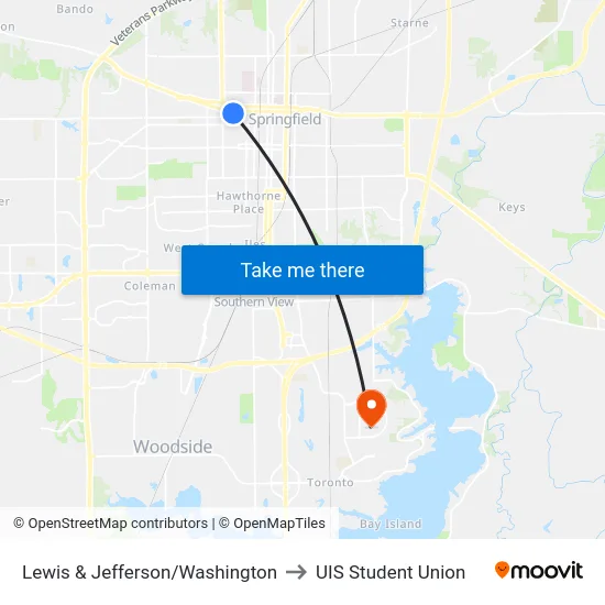 Lewis & Jefferson/Washington to UIS Student Union map