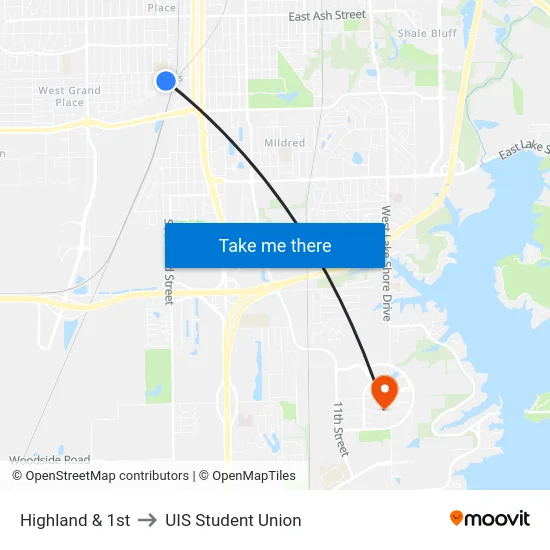 Highland & 1st to UIS Student Union map