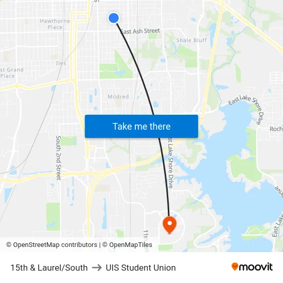 15th & Laurel/South to UIS Student Union map