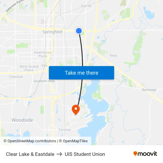 Clear Lake & Eastdale to UIS Student Union map