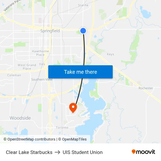 Clear Lake Starbucks to UIS Student Union map